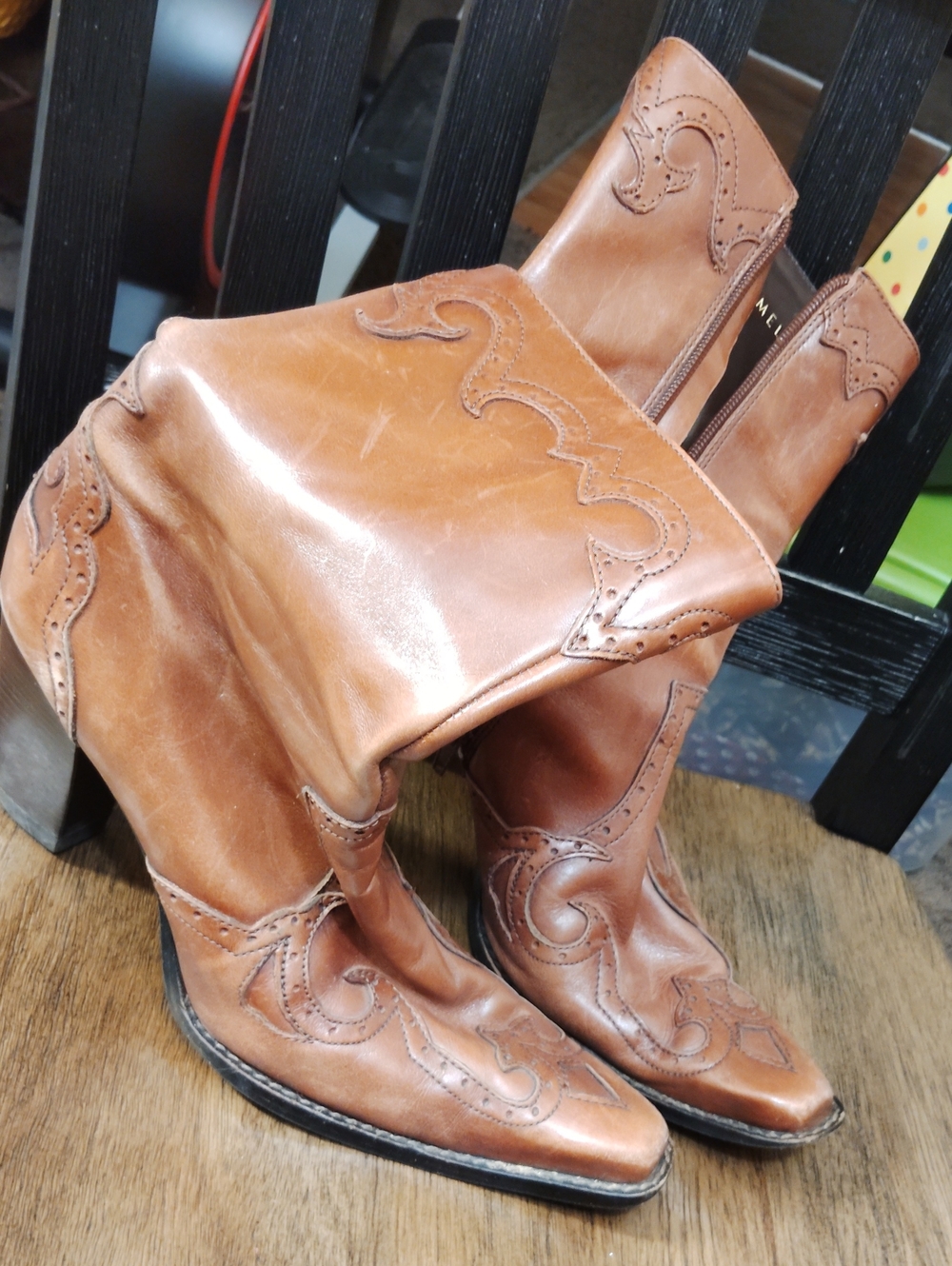ANTONIO MELANI Cognac Brown Western Leather Mid-Calf Boots